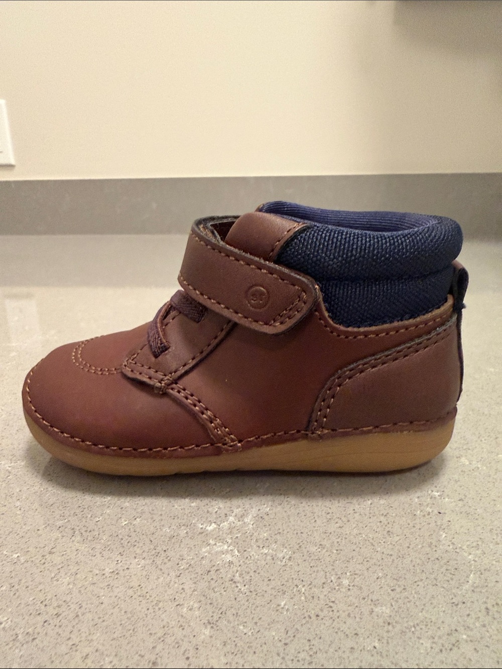 Stride Rite Brown Leather Toddler Boot with Navy Collar